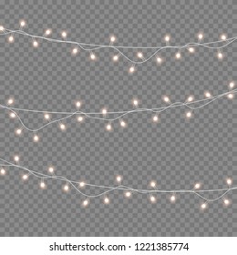 Lights bulbs isolated on transparent background. Glowing golden Christmas garlands string. Vector New Year party lights decorations. 