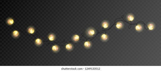 Lights bulbs isolated on transparent background. Glowing golden Christmas garlands string. Vector New Year party lights decorations.