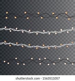 Lights bulbs isolated on transparent background. Glowing golden Christmas garlands string. Christmas decorations.