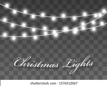 Lights Bulbs Isolated On Transparent Background. Christmas Tree Fairy Lights Wire String. Wedding Or Party, New Year Decor Lamps. Chalkboard String Lights Bunches.