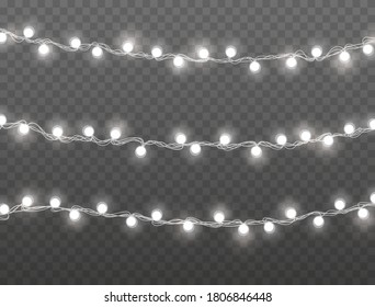 Lights bulbs isolated on transparent background. Glowing white Christmas garlands string set. Vector New Year party decorations