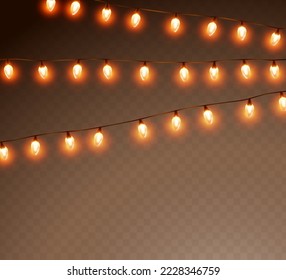 Lights bulbs isolated on transparent background. Glowing yellow Christmas garland strings, festival or carnival street decorations. Vector New Year party decor elements