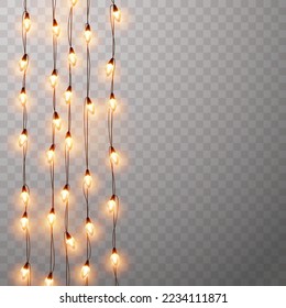 Lights bulbs isolated on transparent background. Glowing yellow Christmas vertical garland strings, festival or carnival street decorations. Vector New Year party decor elements