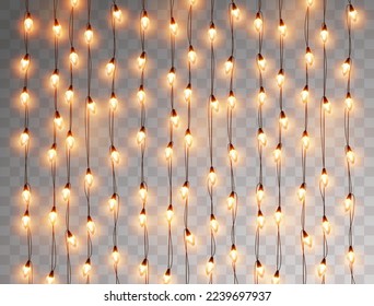 Lights bulbs isolated on transparent background. Glowing yellow Christmas vertical garland strings, festival or carnival street decorations. Vector New Year party decor elements