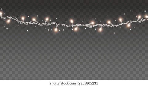 Lights bulbs isolated on transparent background. Glowing white fairy Christmas garland string. Vector New Year party led lamps decoration