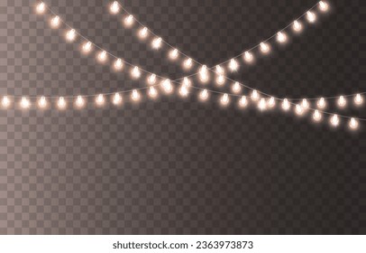 Lights bulbs isolated on transparent background. Glowing white fairy Christmas garland strings. Vector New Year party led lamps decoration