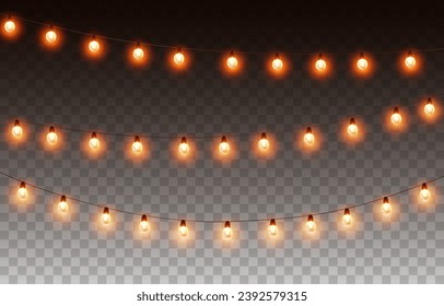 Lights bulbs isolated on transparent background. Glowing fairy Christmas garland strings. Vector New Year party led lamps decorations