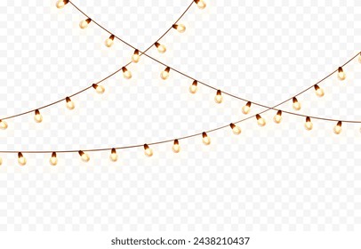 Lights bulbs isolated on transparent background. Glowing fairy Christmas garland strings. Vector New Year party led lamps decorations