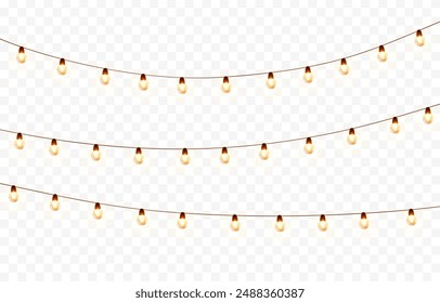 Lights bulbs isolated on transparent background. Glowing fairy Christmas garland strings. Vector New Year party led lamps decorations