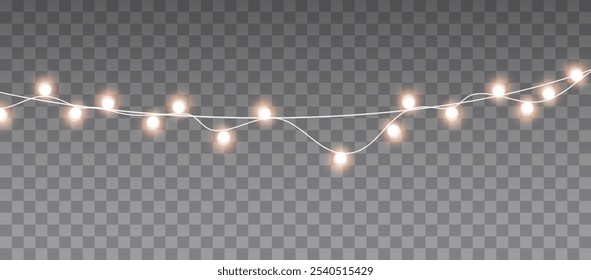 Lights bulbs isolated on transparent background. Glowing fairy Christmas garland string. Vector New Year party led lamps decoration