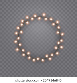 Lights bulbs isolated on transparent background. Glowing round frame, fairy Christmas garland string. Vector circle New Year party led lamps decoration