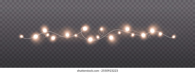 Lights bulbs isolated on transparent background. Glowing fairy Christmas garland string. Vector New Year party led lamps decoration