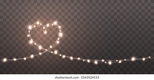 Lights bulbs isolated on transparent background. Glowing fairy heart garland string. Vector Valentine party led lamps decoration