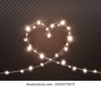 Lights bulbs isolated on transparent background. Glowing fairy heart garland string. Vector Valentine party led lamps decoration