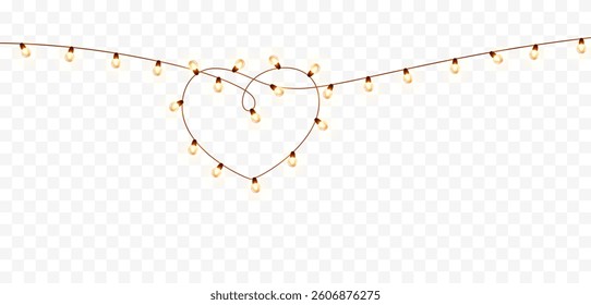 Lights bulbs isolated on transparent background. Glowing fairy heart garland string. Vector Valentine party led lamps decoration