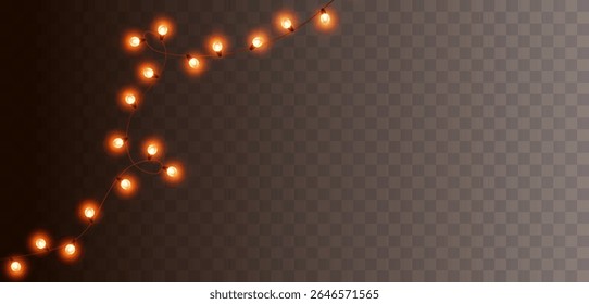 Lights bulbs isolated on transparent background. Glowing fairy Christmas garland string. Vector New Year party led lamps decoration