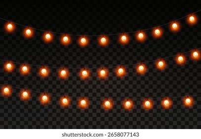 Lights bulbs isolated on transparent background. Glowing fairy Christmas garland strings. Vector New Year party led lamps decorations