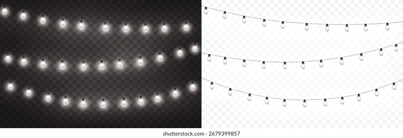Lights bulbs isolated on transparent background. Glowing fairy Christmas garland strings. Vector New Year party led lamps decorations - Powered by Shutterstock - Get 15% off with code: PIKWIZARD15