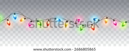 Lights bulbs isolated on transparent background. Glowing colorful Christmas garland string. Vector New Year party led lamps decoration