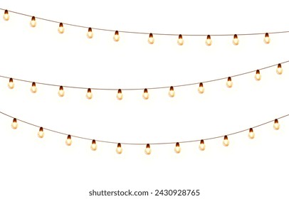 Lights bulbs isolated on white background. Glowing fairy Christmas garland strings. Vector New Year party led lamps decorations