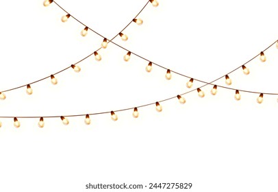 Bombillas aisladas sobre fondo blanco. Cuerdas brillantes de guirnalda de Navidad. Vector Nuevo año fiesta led lámparas decoraciones