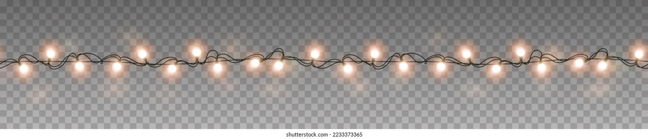 Lights bulbs seamless pattern isolated on transparent background. Glowing yellow Christmas garland strings, festival or carnival street decoration. Vector New Year party decor element