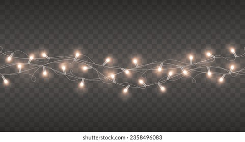 Lights bulbs seamless pattern isolated on transparent background. Glowing white fairy Christmas garland string. Vector New Year party led lamps decoration