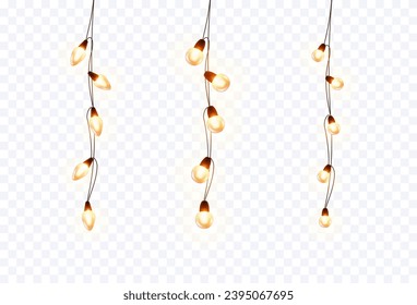 Lights bulbs set isolated on transparent background. Glowing vertical fairy Christmas garland strings. Vector New Year party led lamps decorations