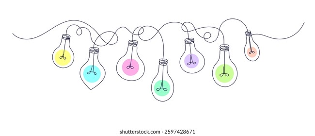 Lights bulbs. String in simple linear style. Christmas party rainbow lamps. Vector one continuous line isolated on transparent background for birthday events design, invitations. Editable stroke