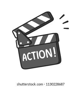 Lights, Camera, Action! Film Making Clapboard With Text. Hand Drawn Cartoon Vector Illustration.