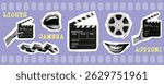 lights camera action filmmaking concept set with clapperboards film tape reel mouth hand holding movie clapper isolated retro halftone dotted collage cut-out element for cinema design