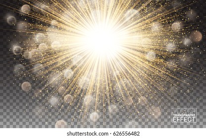 Efecto de luces Decoración brillante con destellos. Explosión de explosión de luz de círculo brillante dorado Textura transparente del resplandor del degradado del brillo. Ilustración vectorial sobre fondo transparente.