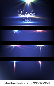 Lights effects. Creative concept Vector set of glow light effect stars bursts with sparkles isolated on blue background. For illustration template art design, magic flash energy ray.