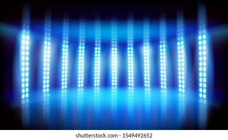 Lights effekt on the stage. Stadium illuminated by spotlights during the show. Blue background. Advertising space. Television studio. Vector 

illustration.