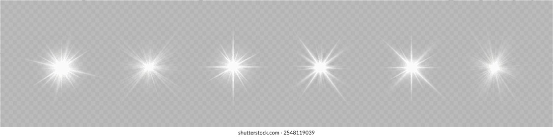 As luzes acendem, as estrelas acendem, os raios de sol brancos. Raios solares realistas. Raio solar brilho abstrato brilho efeito luz estrela feixe luz brilhante imagem isolada.