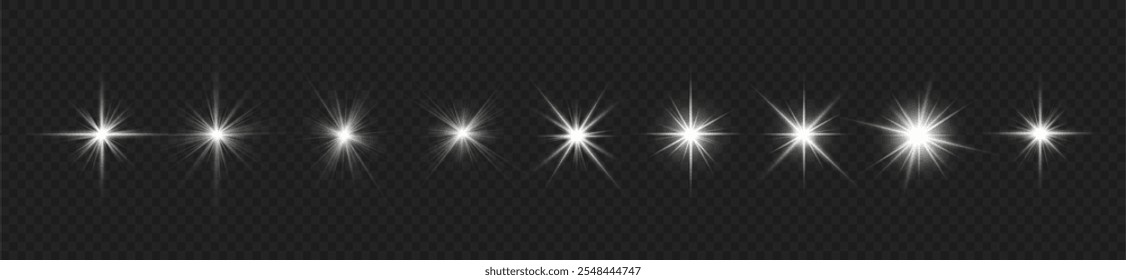 Las luces se encienden, la luz del flash de la estrella, los rayos de sol blancos. Rayos de sol realistas. Resplandor del rayo del sol efecto de luz de brillo abstracto rayo de luz estelar brillo solar brillante Imagen aislada.