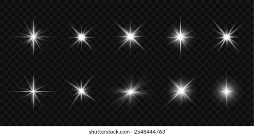 Las luces se encienden, la luz del flash de la estrella, los rayos de sol blancos. Rayos de sol realistas. Resplandor del rayo del sol efecto de luz de brillo abstracto rayo de luz estelar brillo solar brillante Imagen aislada.