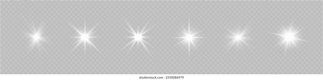 Las luces se encienden, la luz del flash de la estrella, los rayos de sol blancos. Rayos de sol realistas. Resplandor del rayo del sol efecto de luz de brillo abstracto rayo de luz estelar brillo solar brillante Imagen aislada.