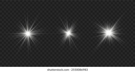 Las luces se encienden, la luz del flash de la estrella, los rayos de sol blancos. Rayos de sol realistas. Resplandor del rayo del sol efecto de luz de brillo abstracto rayo de luz estelar brillo solar brillante Imagen aislada.