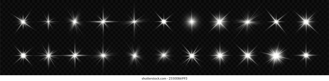 Las luces se encienden, la luz del flash de la estrella, los rayos de sol blancos. Rayos de sol realistas. Resplandor del rayo del sol efecto de luz de brillo abstracto rayo de luz estelar brillo solar brillante Imagen aislada.