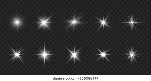 Las luces se encienden, la luz del flash de la estrella, los rayos de sol blancos. Rayos de sol realistas. Resplandor del rayo del sol efecto de luz de brillo abstracto rayo de luz estelar brillo solar brillante Imagen aislada.