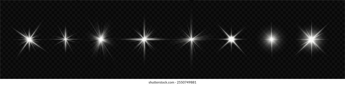 Las luces se encienden, la luz del flash de la estrella, los rayos de sol blancos. Rayos de sol realistas. Resplandor del rayo del sol efecto de luz de brillo abstracto rayo de luz estelar brillo solar brillante Imagen aislada.