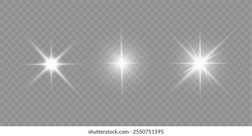 Las luces se encienden, la luz del flash de la estrella, los rayos de sol blancos. Rayos de sol realistas. Resplandor del rayo del sol efecto de luz de brillo abstracto rayo de luz estelar brillo solar brillante Imagen aislada.