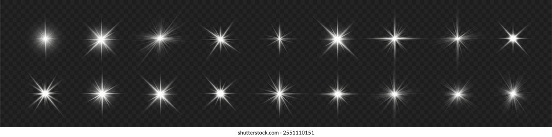 Las luces se encienden, la luz del flash de la estrella, los rayos de sol blancos. Rayos de sol realistas. Resplandor del rayo del sol efecto de luz de brillo abstracto rayo de luz estelar brillo solar brillante Imagen aislada.