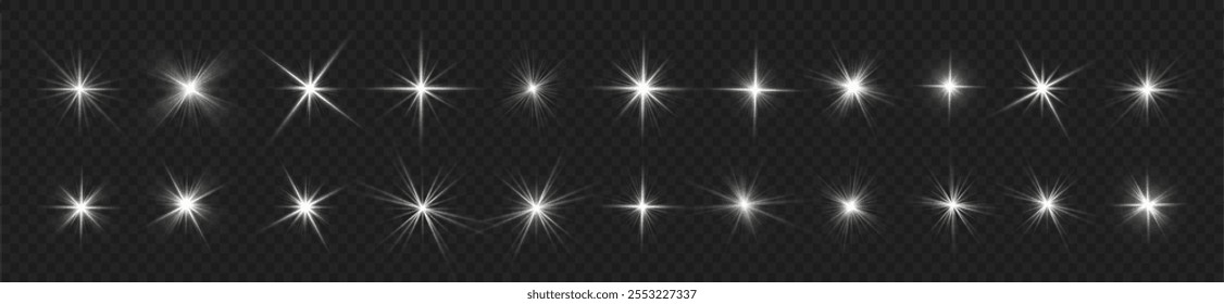 Lights flare, star flash light, white sun rays, png. Realistic sun rays. Sun ray glow abstract shine light effect starburst beam sunshine glowing isolated image. 