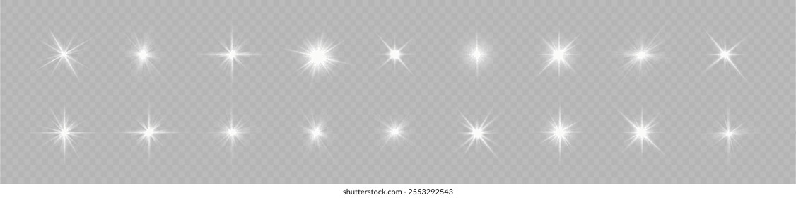 Las luces se encienden, la luz del flash de la estrella, los rayos de sol blancos. Rayos de sol realistas. Resplandor del rayo del sol efecto de luz de brillo abstracto rayo de luz estelar brillo solar brillante Imagen aislada.