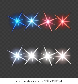 Lights flares and siren effect front view. Realistic white led glow car headlights isolated on transparent background. Vector bright special red blue police light beams at night for your design