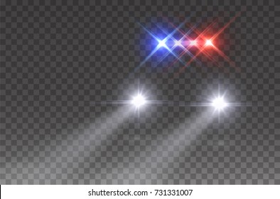 Lights Flares And Siren Effect Front View. Realistic White Led Glow Car Headlights Isolated On Transparent Background. Vector Bright Special Red Blue Police Light Beams At Night For Your Design.
