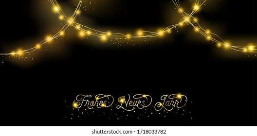 Lights Garland Elegant Decoration. German Happy New Year Lettering. Winter Holidays Sparkling Garland. Lights Garland, Glitter Scatter. Premium New Year, Christmas Party Border. Gold, Silver