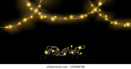 Lights Garland Luxury Background. Portugese Merry Christmas Lettering. Winter Holidays Sparkling Garland. Lights Garland, Glitter Pattern. Platinum New Year, Christmas Party Texture. Golden, Silver